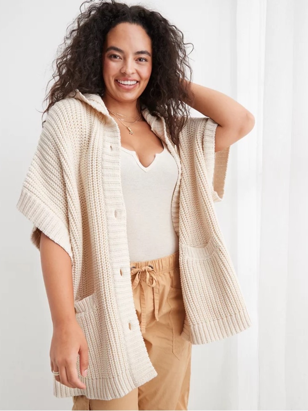 Aerie Hooded Ribbed Cape Cream Size Large Chunky Knit